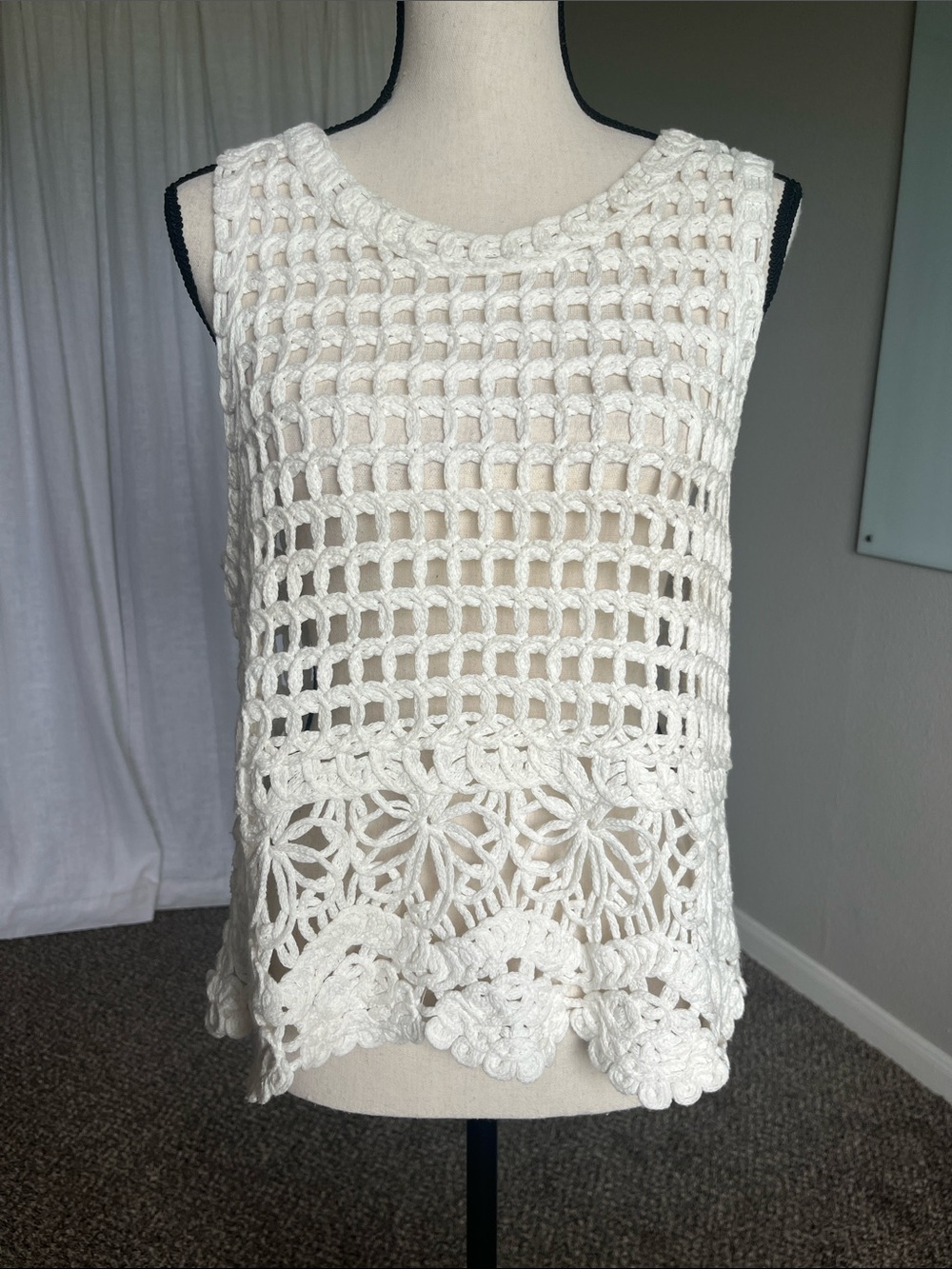 Ivory Open Knit Crochet Tank Top Boho Beachy Cotton Coverup Medium